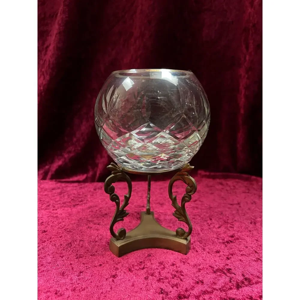Vintage Cut Crystal Candle Holder - Rose Globe on Ornate Brass Pedestal Stand